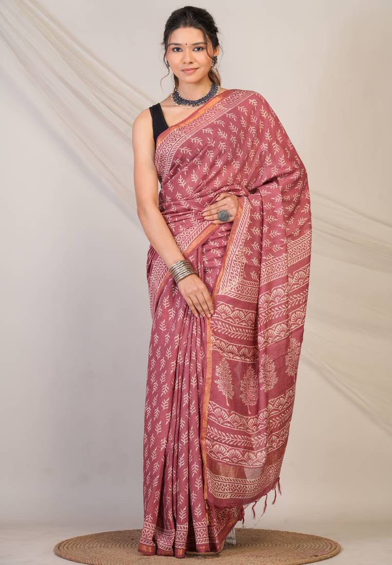 maroon zari work, tassle cotton silk blend bhagalpuri ethnic saree with unstitched blouse