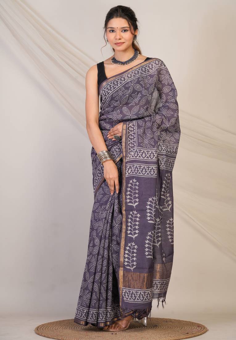 purple mauve zari work, tassle cotton silk blend bhagalpuri ethnic saree with unstitched blouse