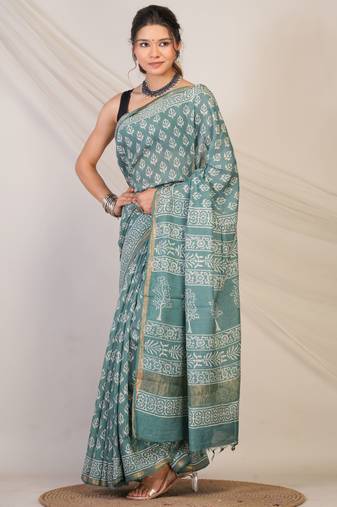 teal green zari work, tassle cotton silk blend bhagalpuri ethnic saree with unstitched blouse