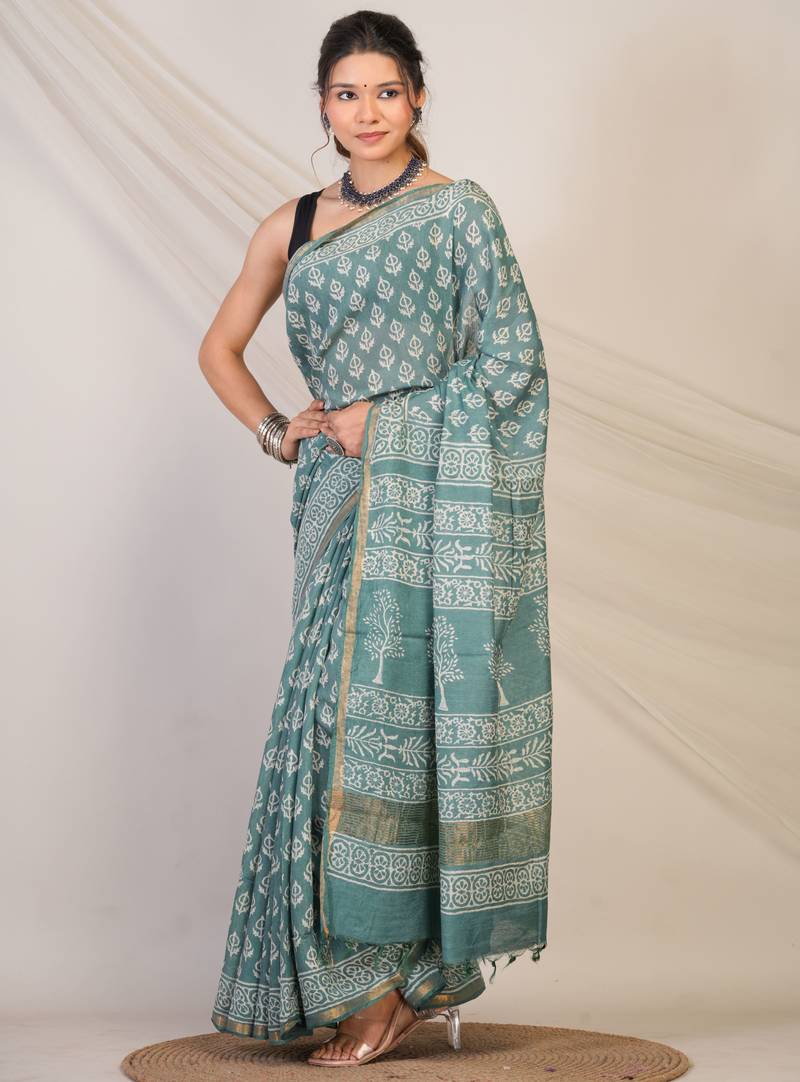 teal green zari work, tassle cotton silk blend bhagalpuri ethnic saree with unstitched blouse