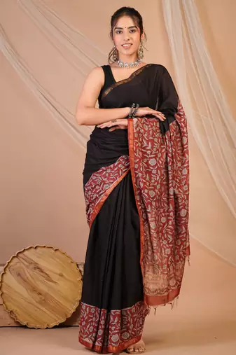 black & red zari work, tassle cotton silk blend bhagalpuri ethnic saree with unstitched blouse