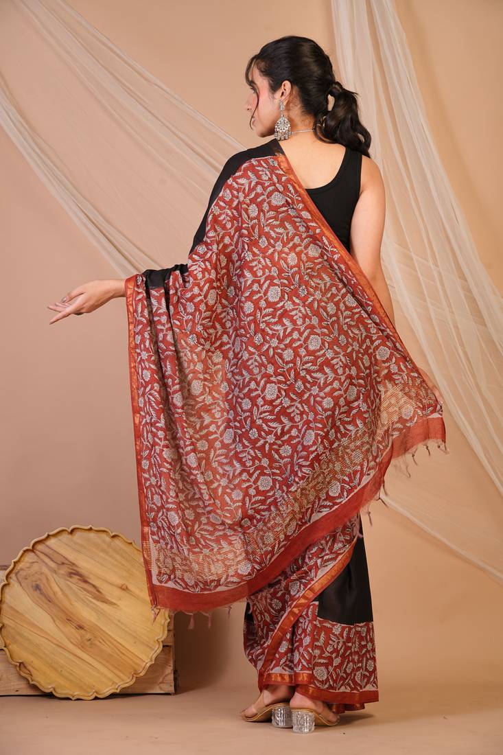 black & red zari work, tassle cotton silk blend bhagalpuri ethnic saree with unstitched blouse