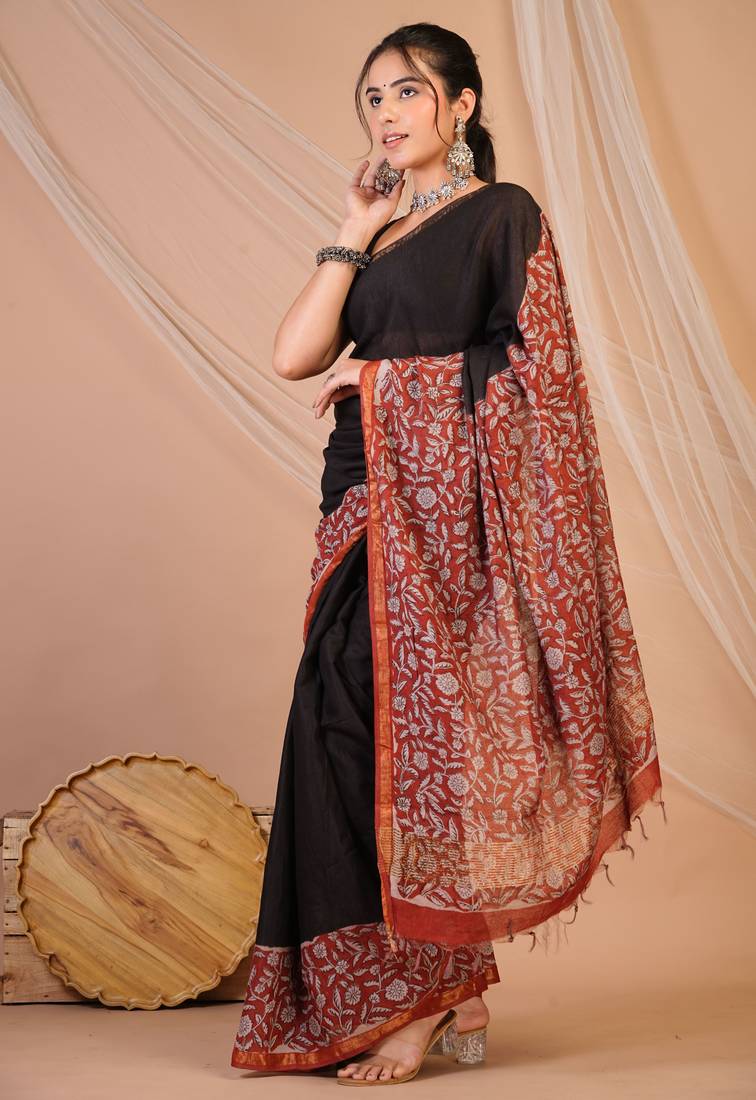 black & red zari work, tassle cotton silk blend bhagalpuri ethnic saree with unstitched blouse