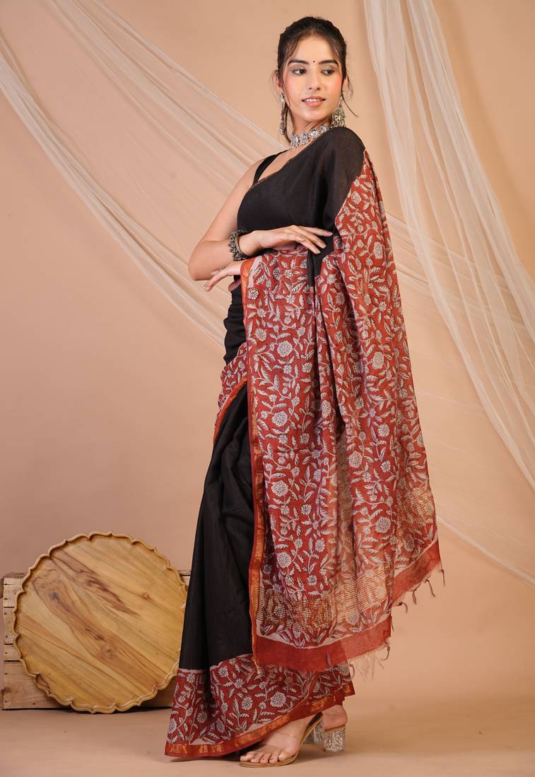 black & red zari work, tassle cotton silk blend bhagalpuri ethnic saree with unstitched blouse