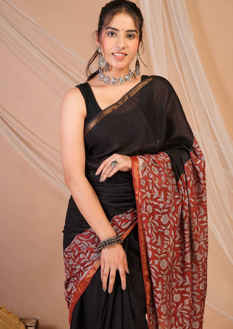 black & red zari work, tassle cotton silk blend bhagalpuri ethnic saree with unstitched blouse