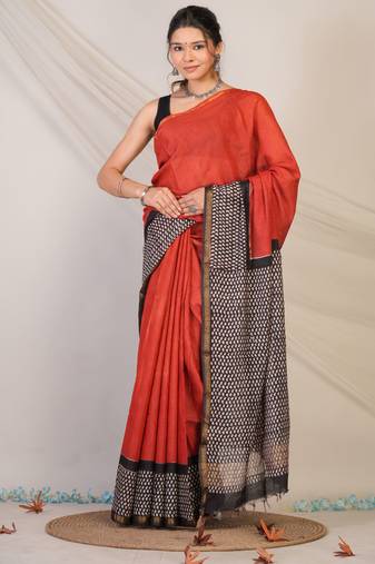 red & black zari work, tassle cotton silk blend bhagalpuri ethnic saree with unstitched blouse