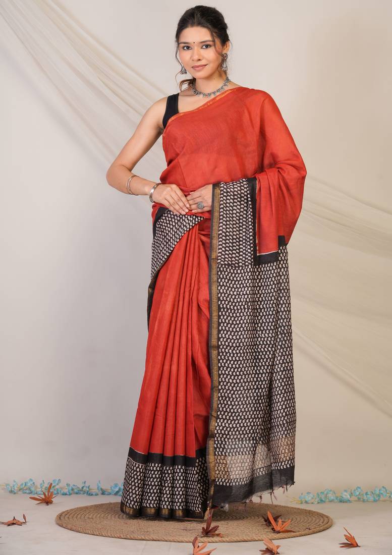 red & black zari work, tassle cotton silk blend bhagalpuri ethnic saree with unstitched blouse