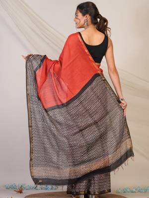 red & black zari work, tassle cotton silk blend bhagalpuri ethnic saree with unstitched blouse 2