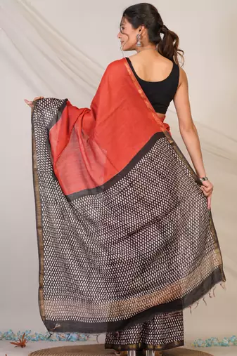 red & black zari work, tassle cotton silk blend bhagalpuri ethnic saree with unstitched blouse