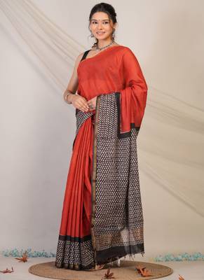 red & black zari work, tassle cotton silk blend bhagalpuri ethnic saree with unstitched blouse 3