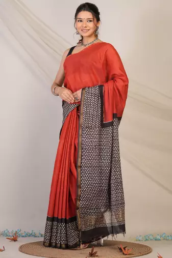 red & black zari work, tassle cotton silk blend bhagalpuri ethnic saree with unstitched blouse