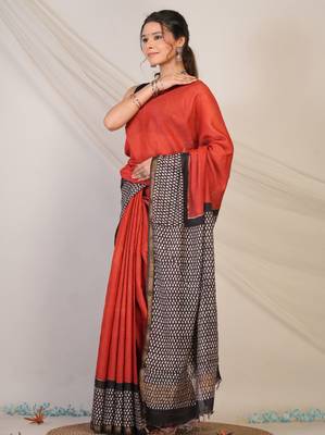 red & black zari work, tassle cotton silk blend bhagalpuri ethnic saree with unstitched blouse 4