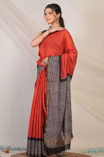 red & black zari work, tassle cotton silk blend bhagalpuri ethnic saree with unstitched blouse