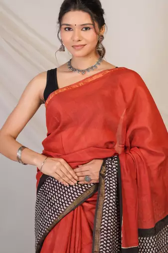 red & black zari work, tassle cotton silk blend bhagalpuri ethnic saree with unstitched blouse