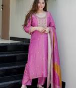 Lavendor Viscose Simmer Embroidery Work Straight Kurta Pant and Dupatta Set