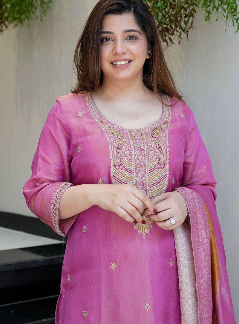 Lavendor Viscose Simmer Embroidery Work Straight Kurta Pant and Dupatta Set