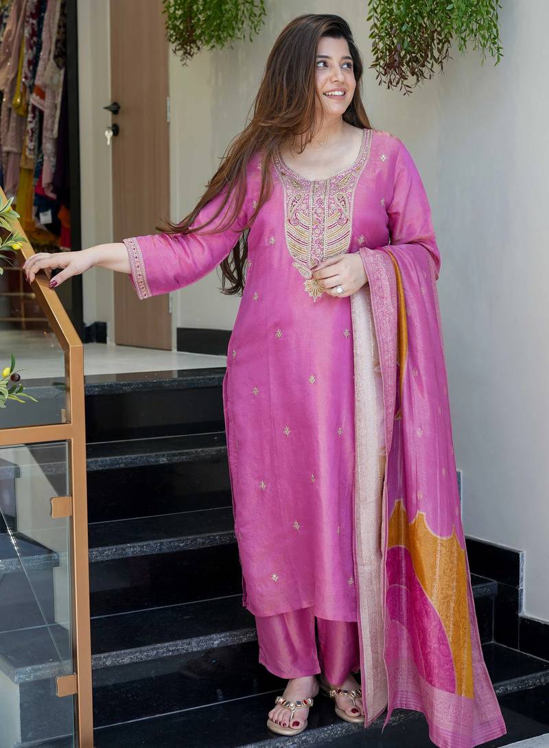 Lavendor Viscose Simmer Embroidery Work Straight Kurta Pant and Dupatta Set