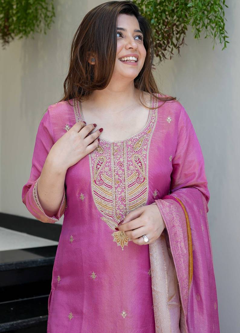 Lavendor Viscose Simmer Embroidery Work Straight Kurta Pant and Dupatta Set