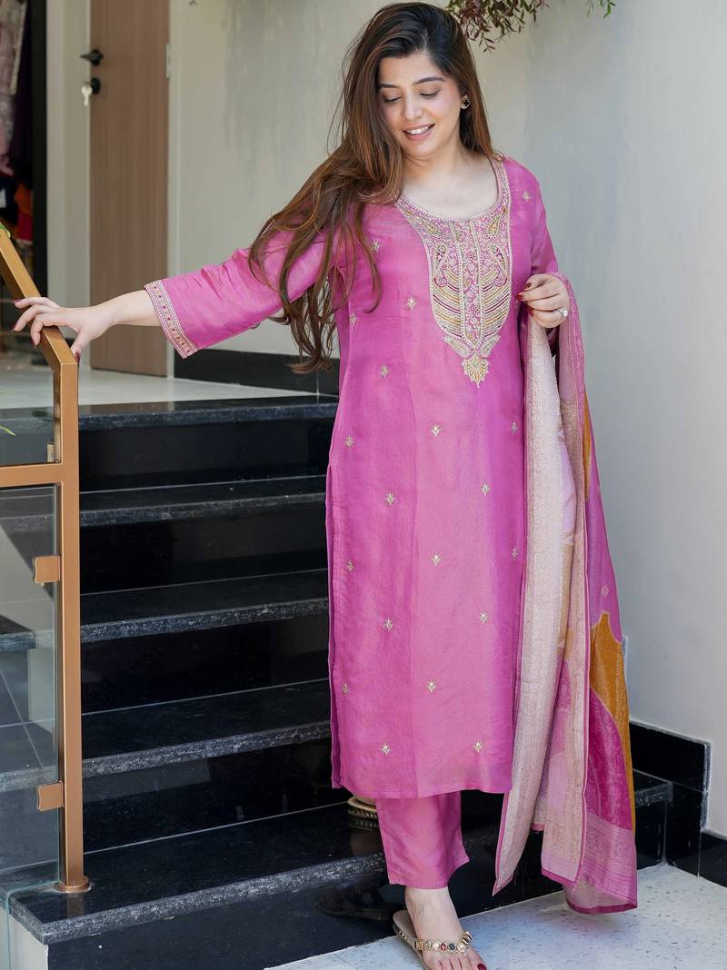 Lavendor Viscose Simmer Embroidery Work Straight Kurta Pant and Dupatta Set