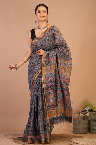 navy blue zari work, tassle cotton silk blend bhagalpuri ethnic saree with unstitched blouse