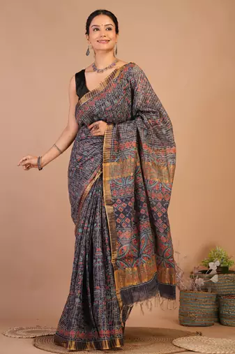 navy blue zari work, tassle cotton silk blend bhagalpuri ethnic saree with unstitched blouse