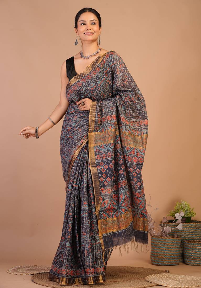 navy blue zari work, tassle cotton silk blend bhagalpuri ethnic saree with unstitched blouse