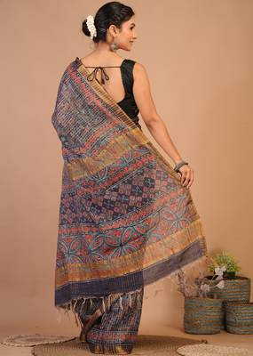 navy blue zari work, tassle cotton silk blend bhagalpuri ethnic saree with unstitched blouse 2