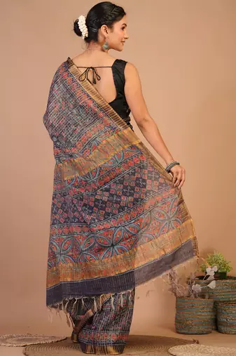 navy blue zari work, tassle cotton silk blend bhagalpuri ethnic saree with unstitched blouse