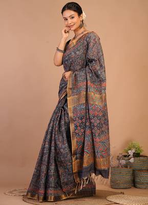 navy blue zari work, tassle cotton silk blend bhagalpuri ethnic saree with unstitched blouse 3