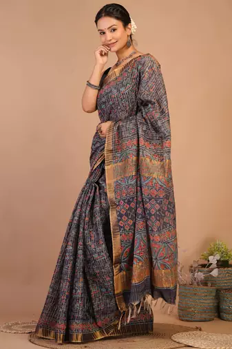 navy blue zari work, tassle cotton silk blend bhagalpuri ethnic saree with unstitched blouse