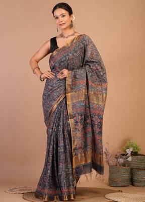 navy blue zari work, tassle cotton silk blend bhagalpuri ethnic saree with unstitched blouse 4