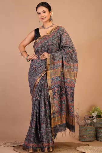navy blue zari work, tassle cotton silk blend bhagalpuri ethnic saree with unstitched blouse