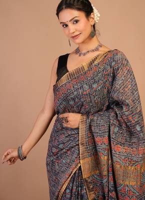 navy blue zari work, tassle cotton silk blend bhagalpuri ethnic saree with unstitched blouse 5