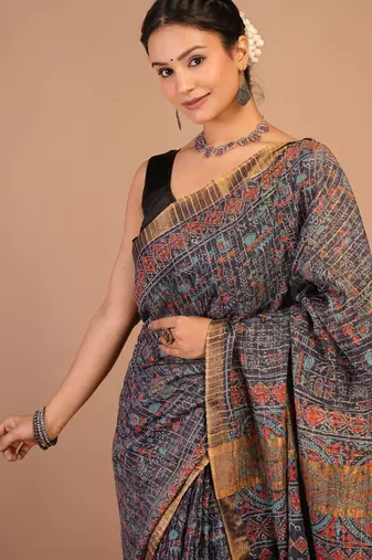 navy blue zari work, tassle cotton silk blend bhagalpuri ethnic saree with unstitched blouse