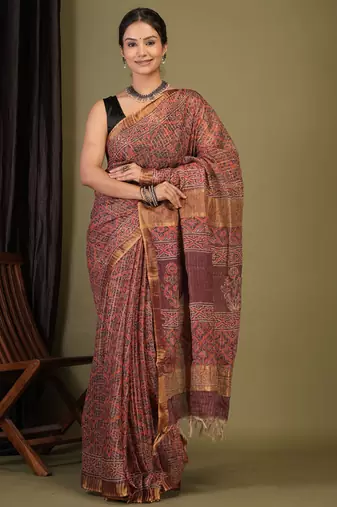 maroon zari work, tassle cotton silk blend bhagalpuri ethnic saree with unstitched blouse