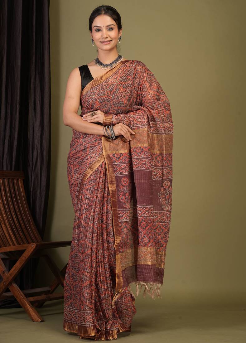 maroon zari work, tassle cotton silk blend bhagalpuri ethnic saree with unstitched blouse