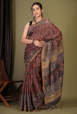 purple zari work, tassle cotton silk blend bhagalpuri ethnic saree with unstitched blouse 1