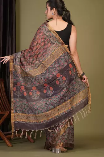 purple zari work, tassle cotton silk blend bhagalpuri ethnic saree with unstitched blouse