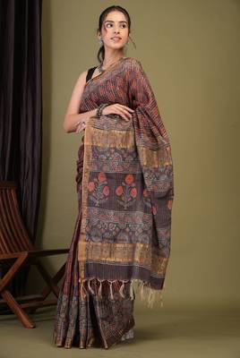 purple zari work, tassle cotton silk blend bhagalpuri ethnic saree with unstitched blouse 3