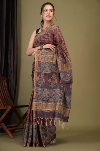 purple zari work, tassle cotton silk blend bhagalpuri ethnic saree with unstitched blouse