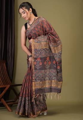 purple zari work, tassle cotton silk blend bhagalpuri ethnic saree with unstitched blouse 4