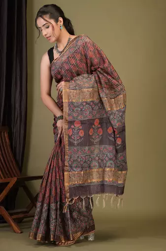purple zari work, tassle cotton silk blend bhagalpuri ethnic saree with unstitched blouse