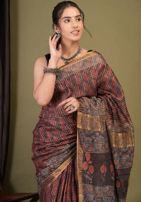 purple zari work, tassle cotton silk blend bhagalpuri ethnic saree with unstitched blouse 5