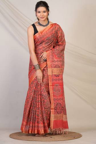 red zari work, tassle cotton silk blend bhagalpuri ethnic saree with unstitched blouse