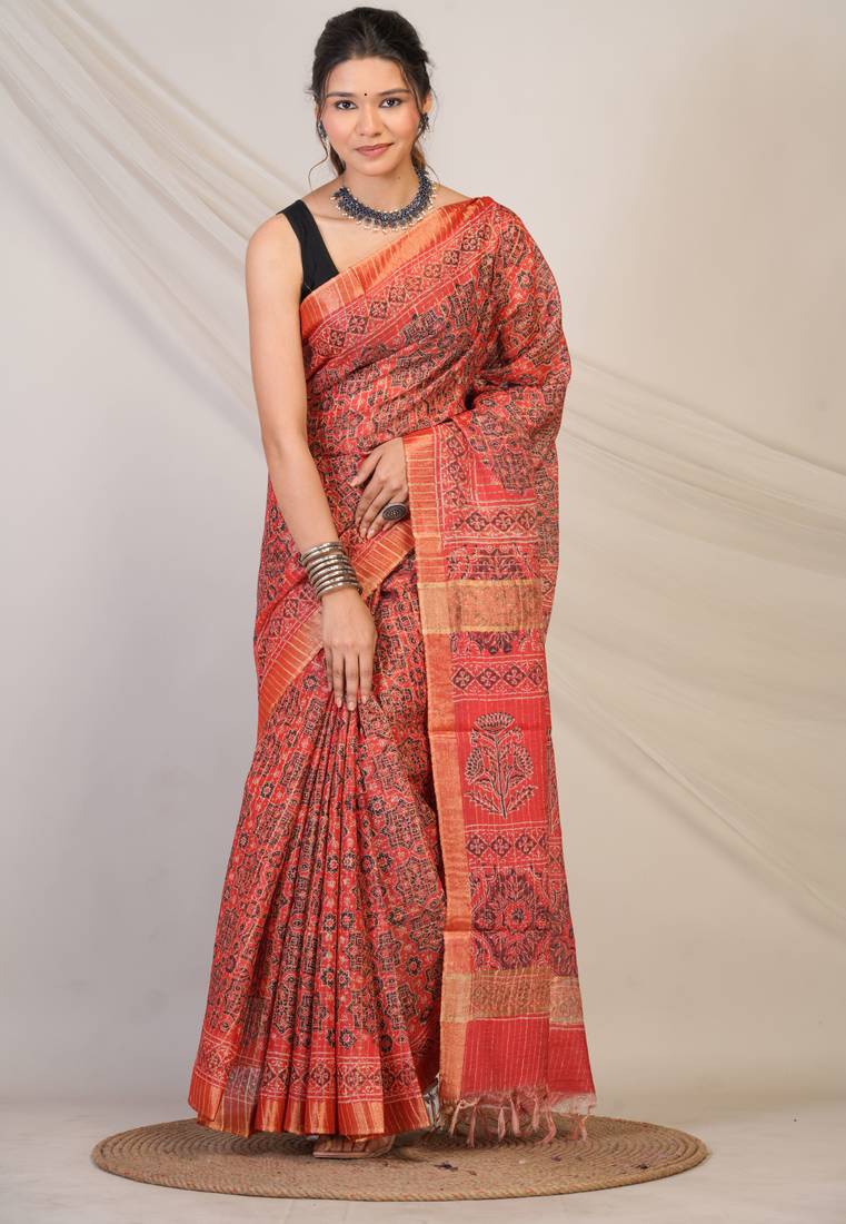 red zari work, tassle cotton silk blend bhagalpuri ethnic saree with unstitched blouse