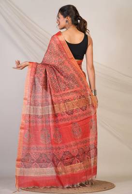 red zari work, tassle cotton silk blend bhagalpuri ethnic saree with unstitched blouse 2