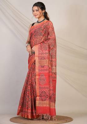 red zari work, tassle cotton silk blend bhagalpuri ethnic saree with unstitched blouse 3