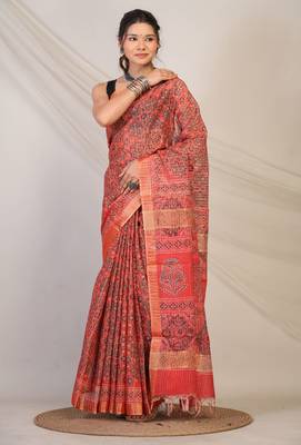 red zari work, tassle cotton silk blend bhagalpuri ethnic saree with unstitched blouse 4