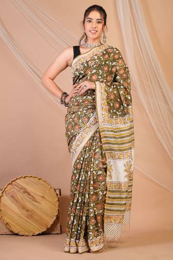 olive green zari work, tassle cotton silk blend bhagalpuri ethnic saree with unstitched blouse