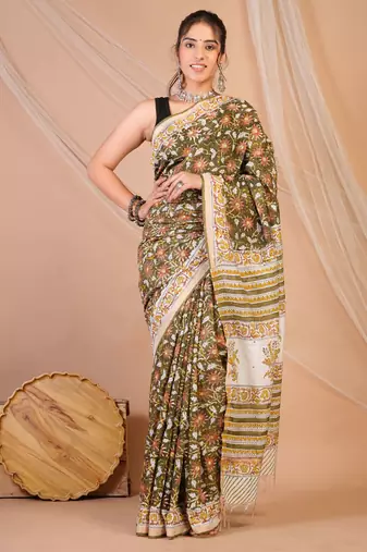 olive green zari work, tassle cotton silk blend bhagalpuri ethnic saree with unstitched blouse